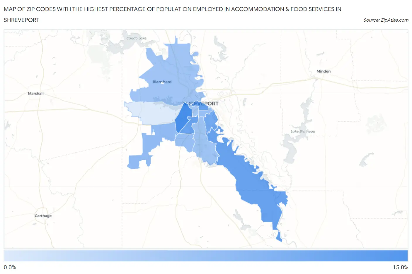 Zip Codes with the Highest Percentage of Population Employed in Accommodation & Food Services in Shreveport Map