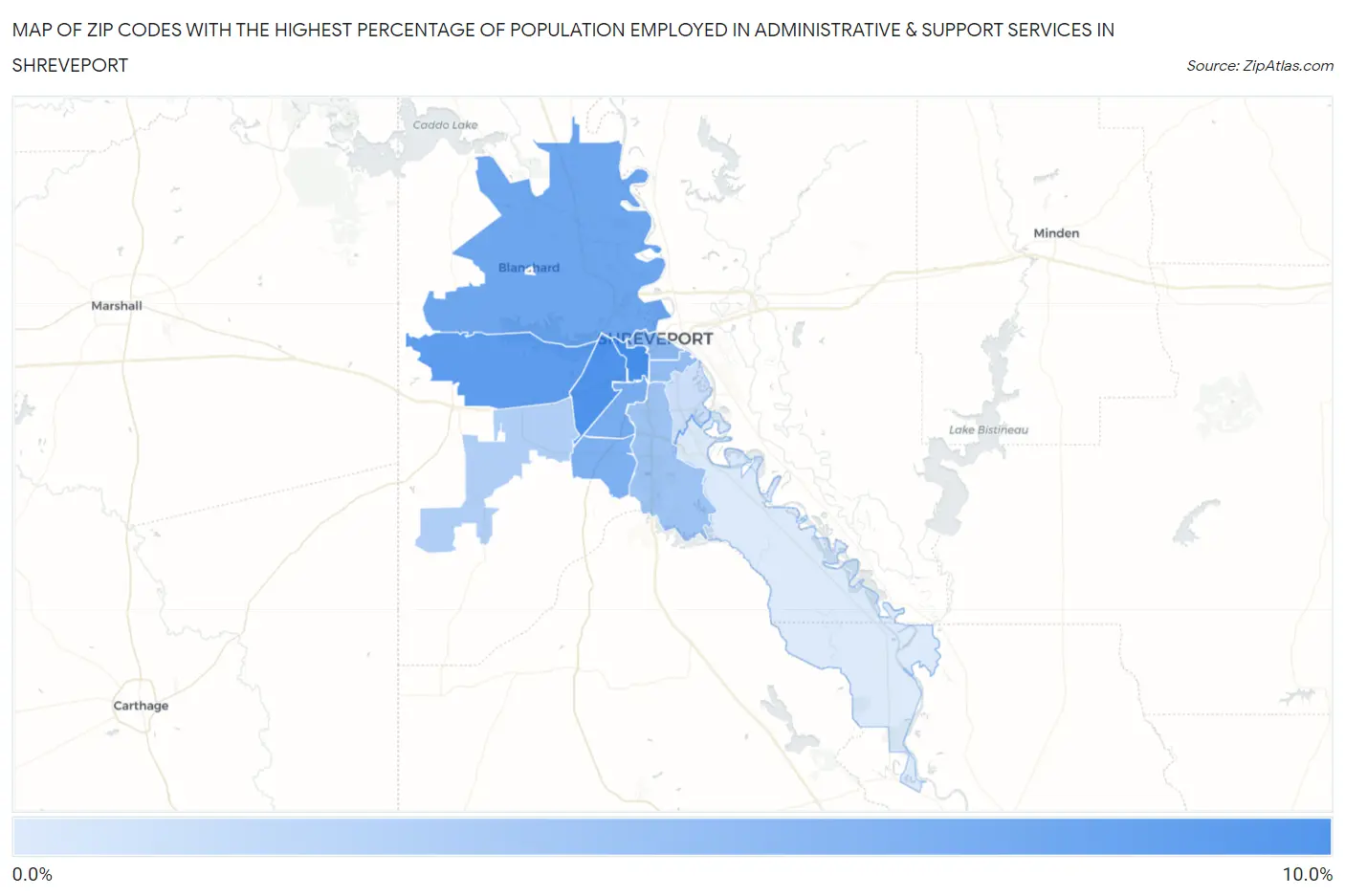 Zip Codes with the Highest Percentage of Population Employed in Administrative & Support Services in Shreveport Map