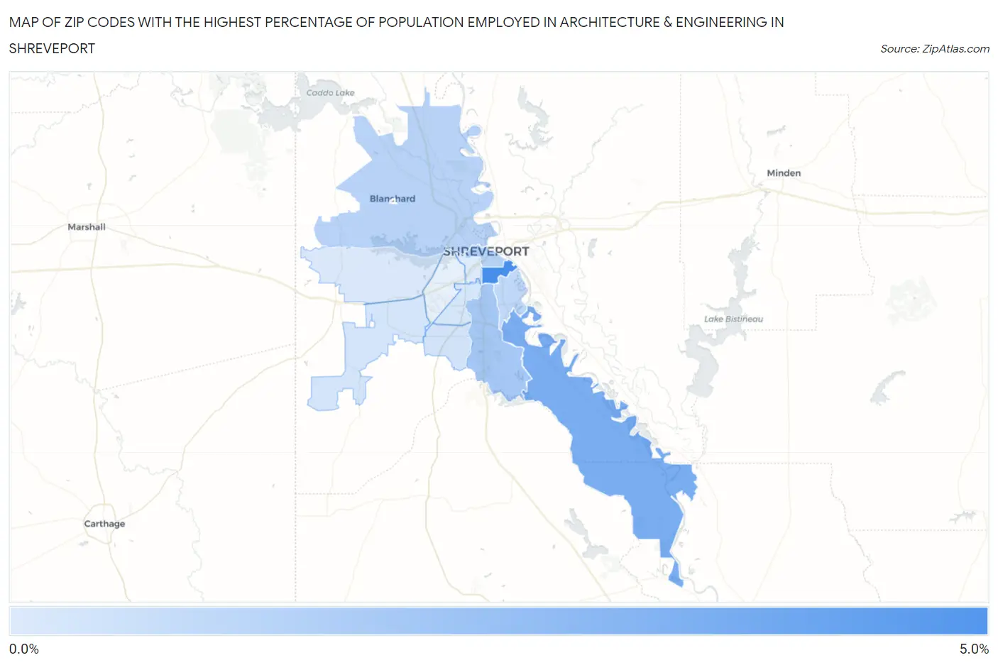 Zip Codes with the Highest Percentage of Population Employed in Architecture & Engineering in Shreveport Map