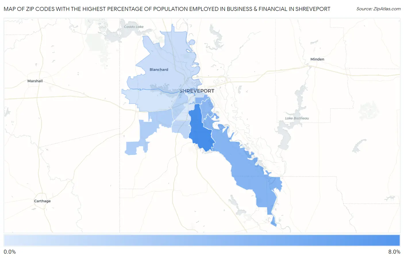 Zip Codes with the Highest Percentage of Population Employed in Business & Financial in Shreveport Map