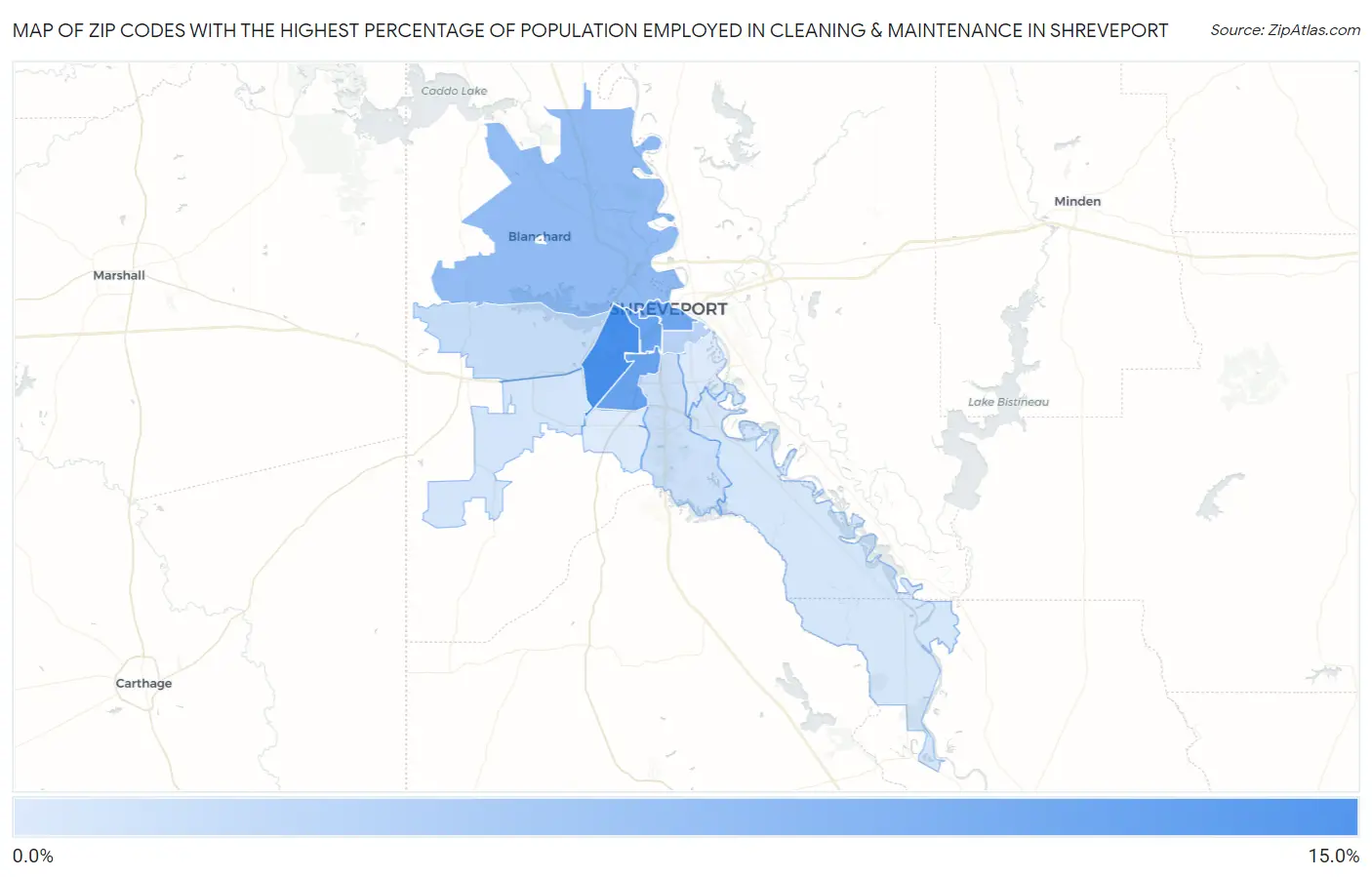Zip Codes with the Highest Percentage of Population Employed in Cleaning & Maintenance in Shreveport Map