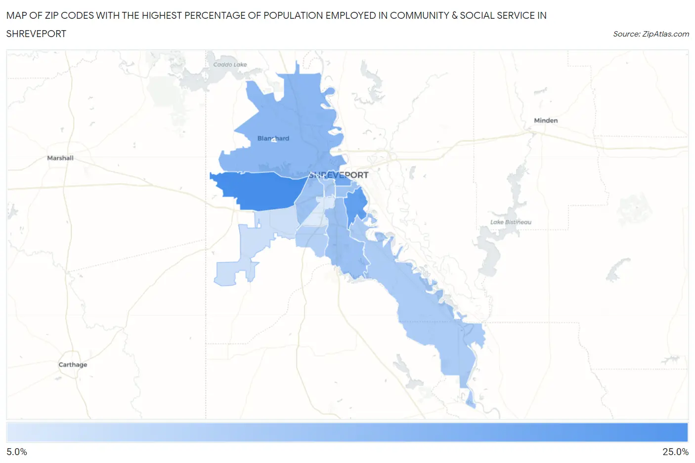 Zip Codes with the Highest Percentage of Population Employed in Community & Social Service  in Shreveport Map