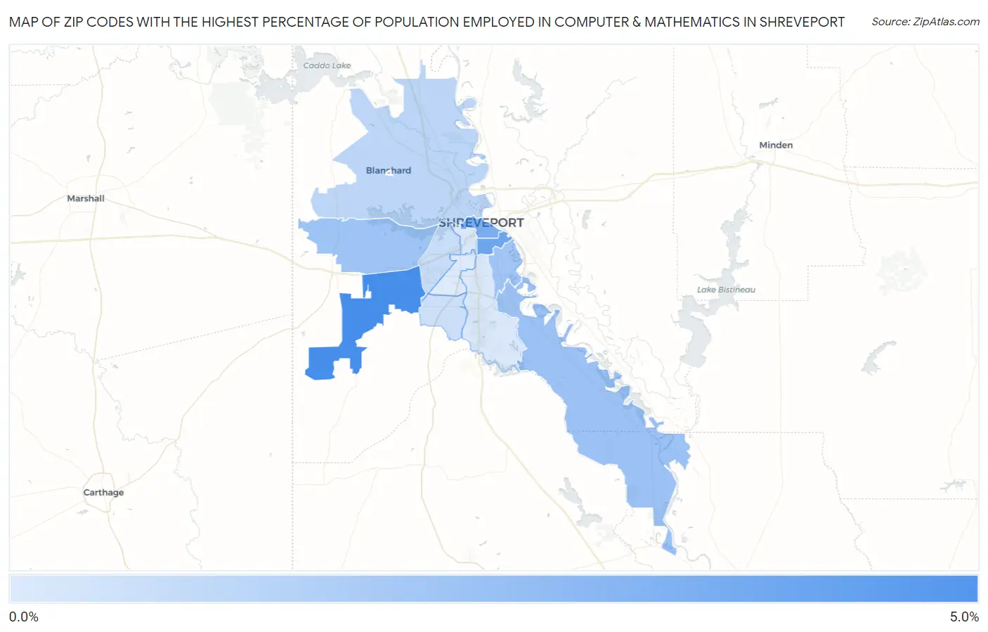 Zip Codes with the Highest Percentage of Population Employed in Computer & Mathematics in Shreveport Map