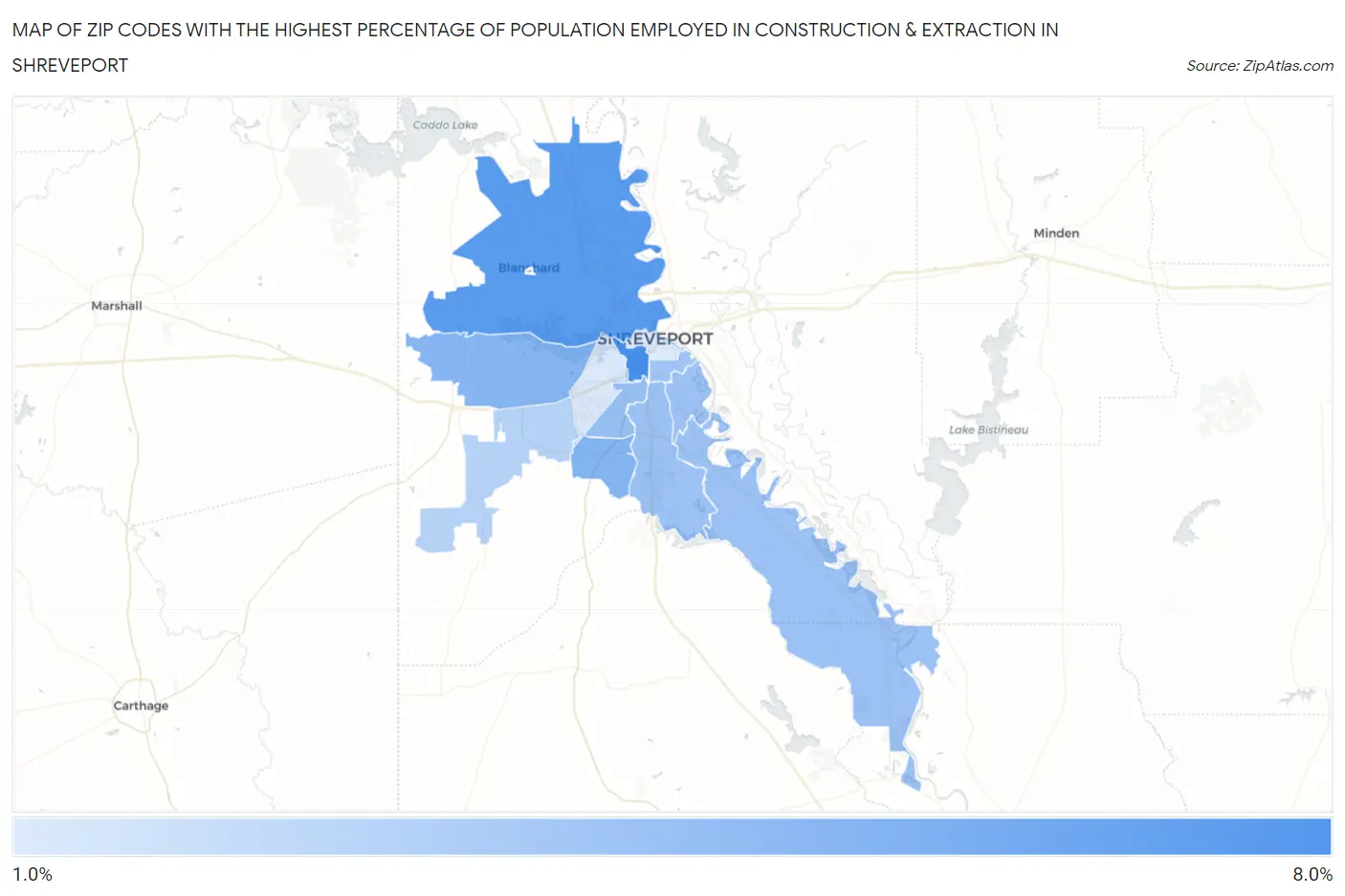 Zip Codes with the Highest Percentage of Population Employed in Construction & Extraction in Shreveport Map