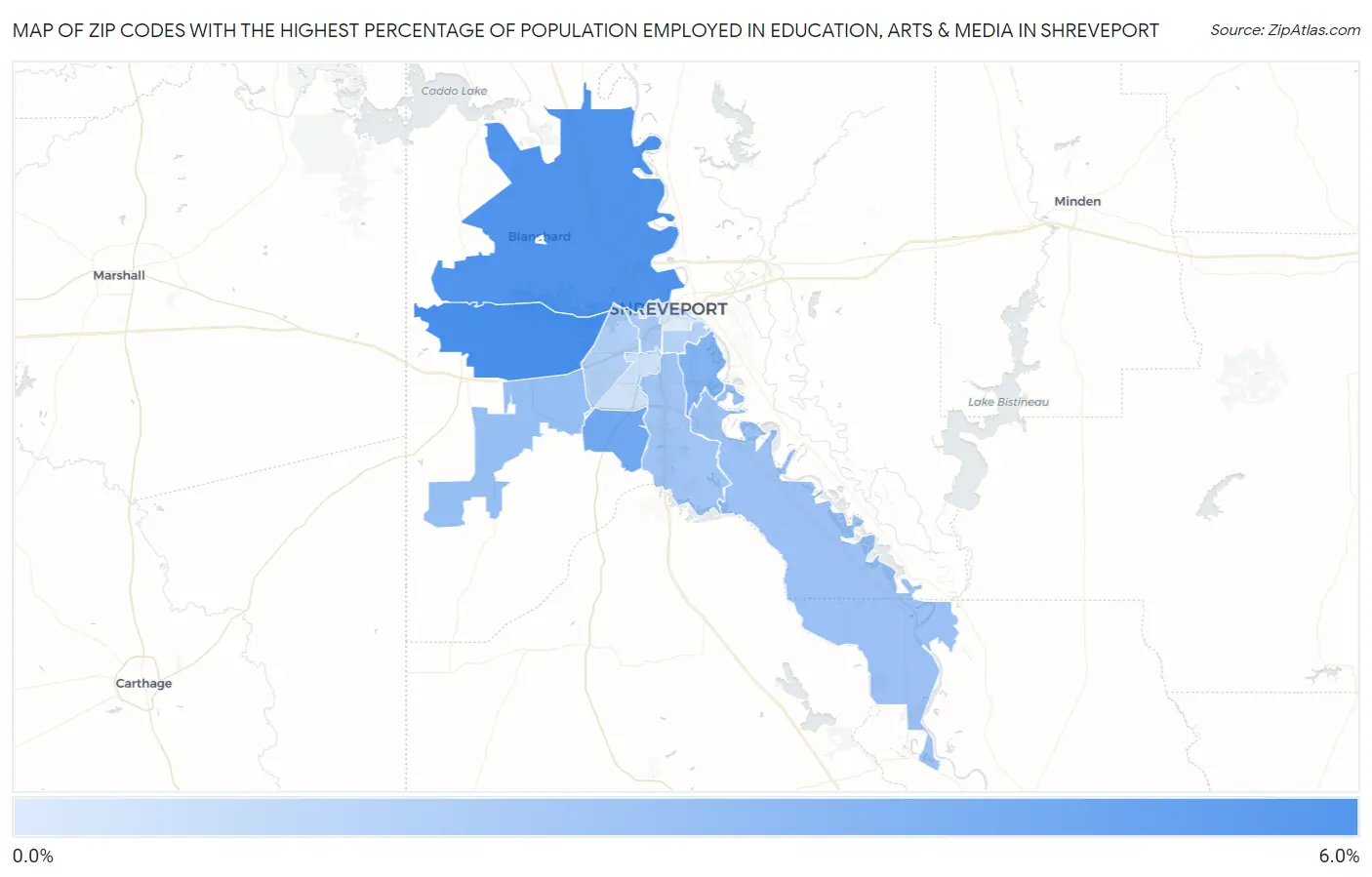 Zip Codes with the Highest Percentage of Population Employed in Education, Arts & Media in Shreveport Map