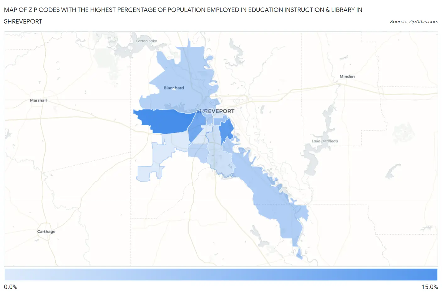 Zip Codes with the Highest Percentage of Population Employed in Education Instruction & Library in Shreveport Map