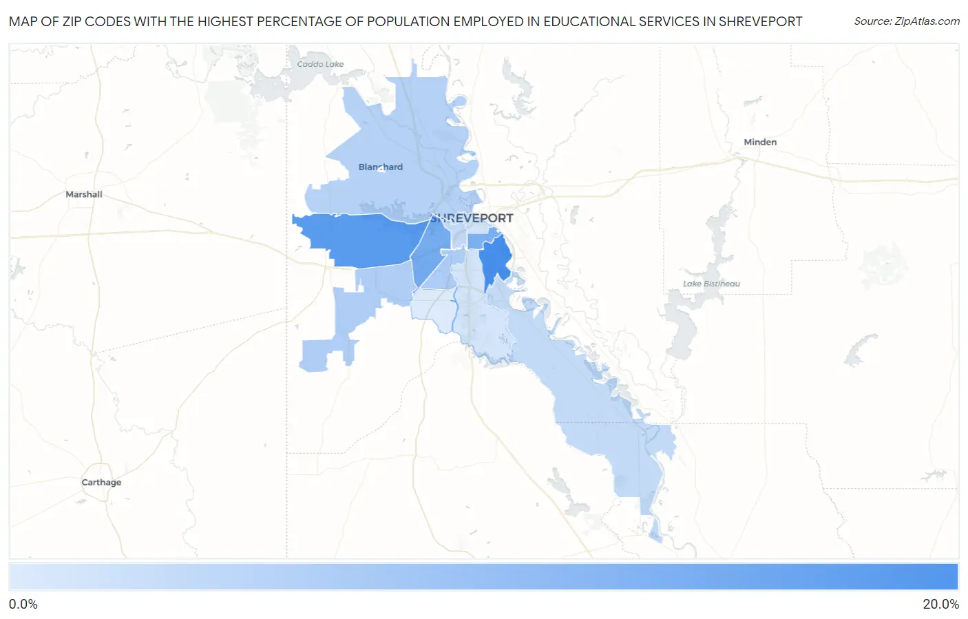 Zip Codes with the Highest Percentage of Population Employed in Educational Services in Shreveport Map