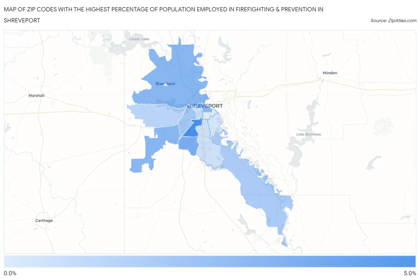 Zip Codes with the Highest Percentage of Population Employed in Firefighting & Prevention in Shreveport Map