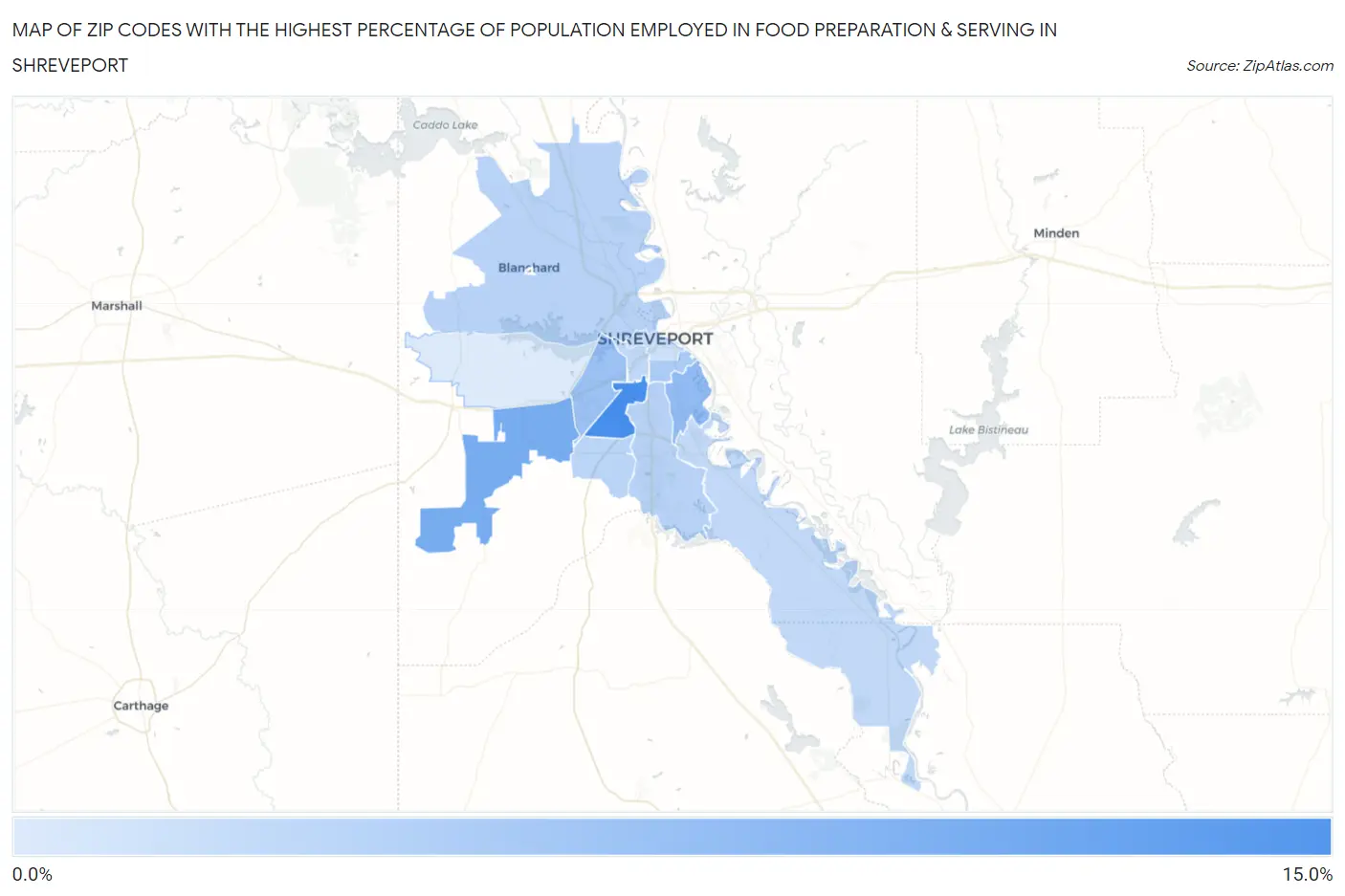 Zip Codes with the Highest Percentage of Population Employed in Food Preparation & Serving in Shreveport Map