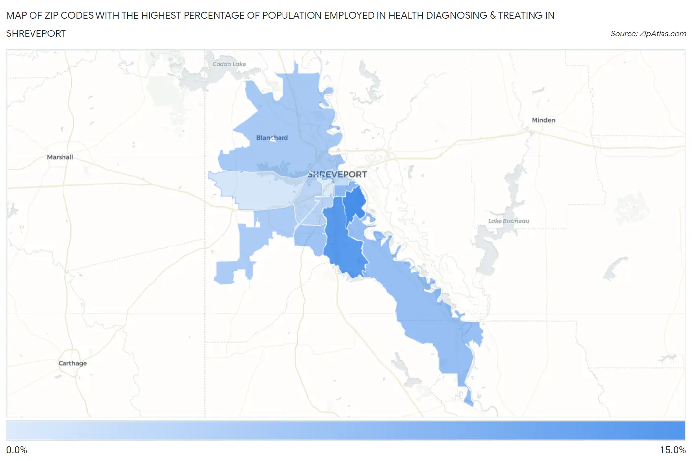 Zip Codes with the Highest Percentage of Population Employed in Health Diagnosing & Treating in Shreveport Map