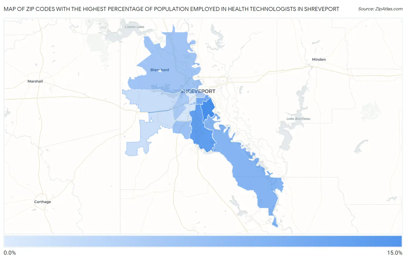 Zip Codes with the Highest Percentage of Population Employed in Health Technologists in Shreveport Map