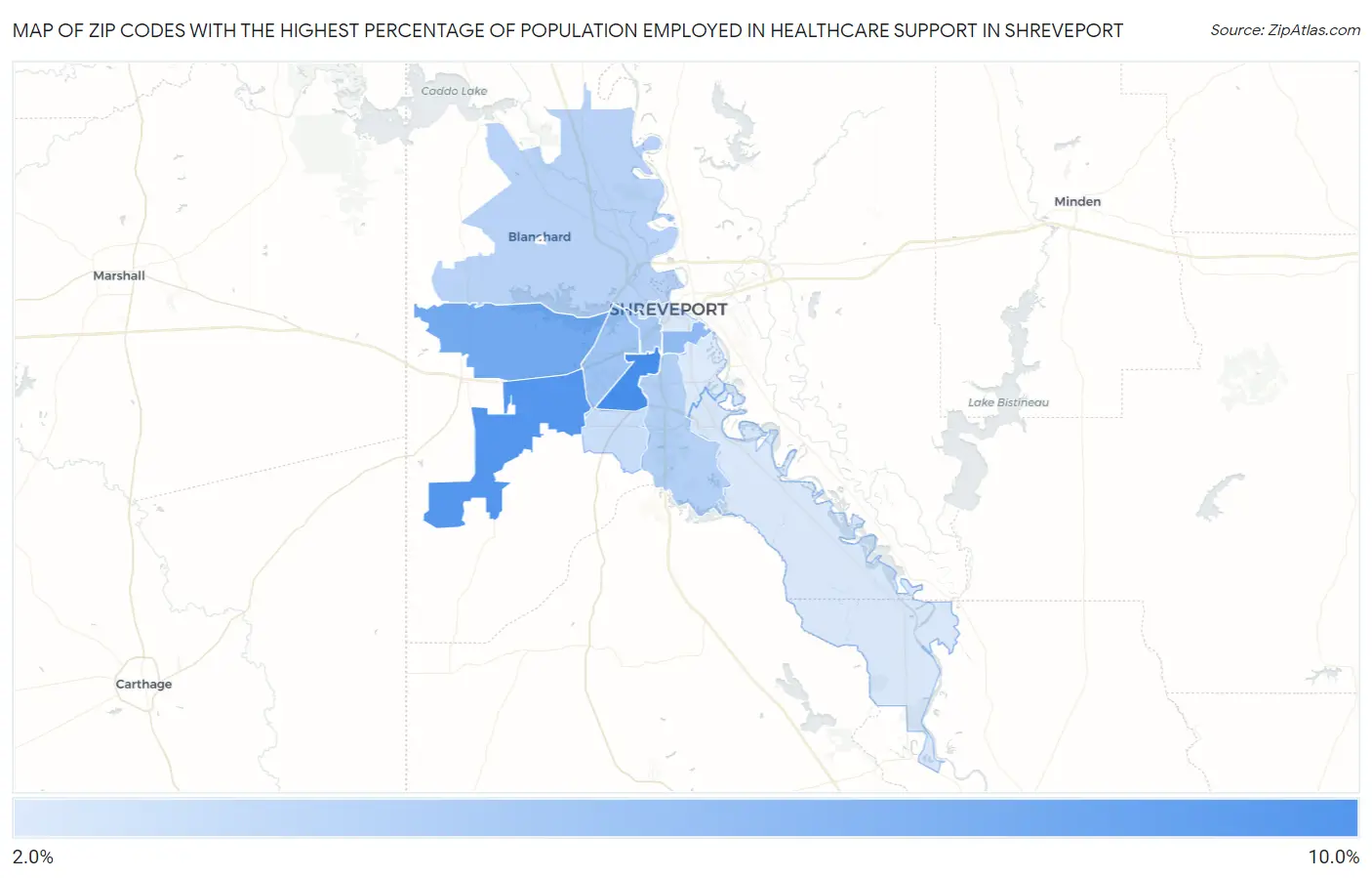 Zip Codes with the Highest Percentage of Population Employed in Healthcare Support in Shreveport Map