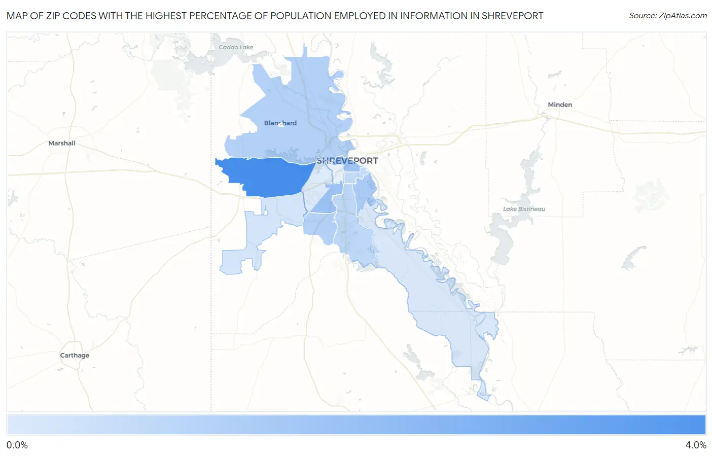 Zip Codes with the Highest Percentage of Population Employed in Information in Shreveport Map