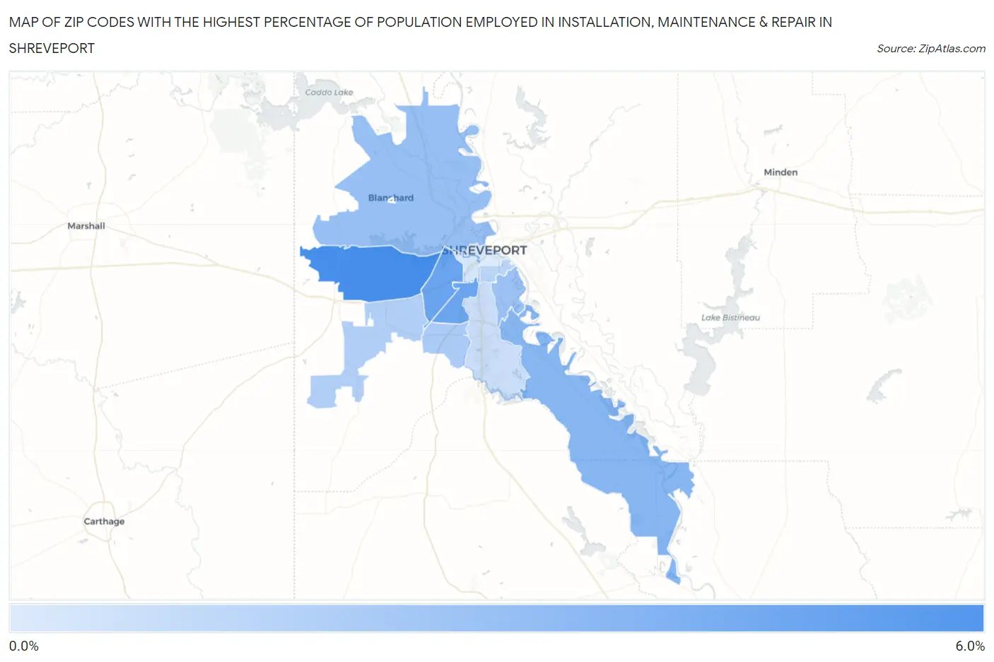 Zip Codes with the Highest Percentage of Population Employed in Installation, Maintenance & Repair in Shreveport Map