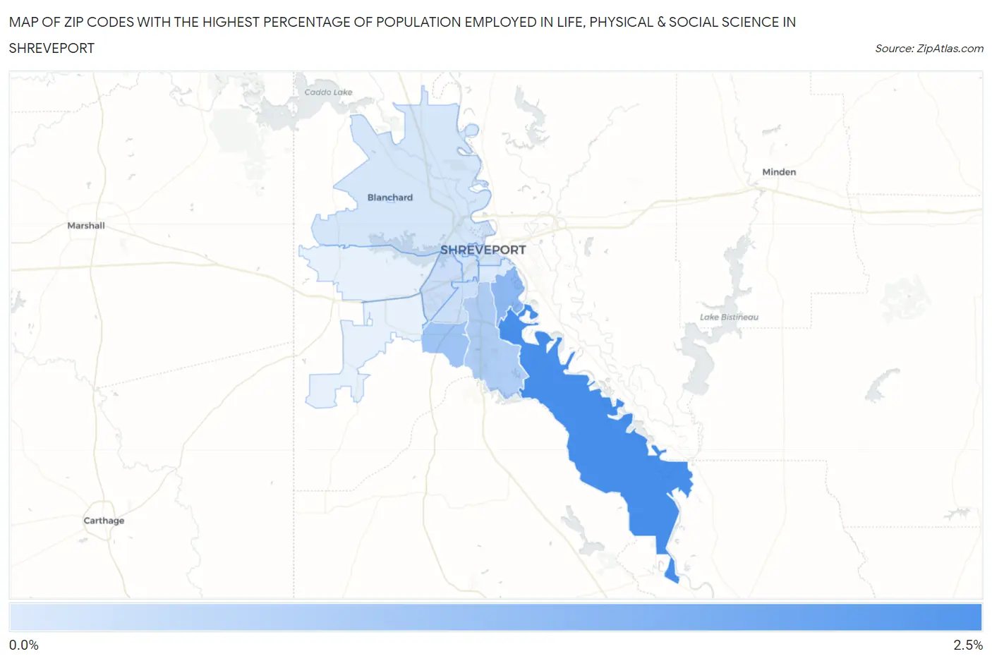 Zip Codes with the Highest Percentage of Population Employed in Life, Physical & Social Science in Shreveport Map