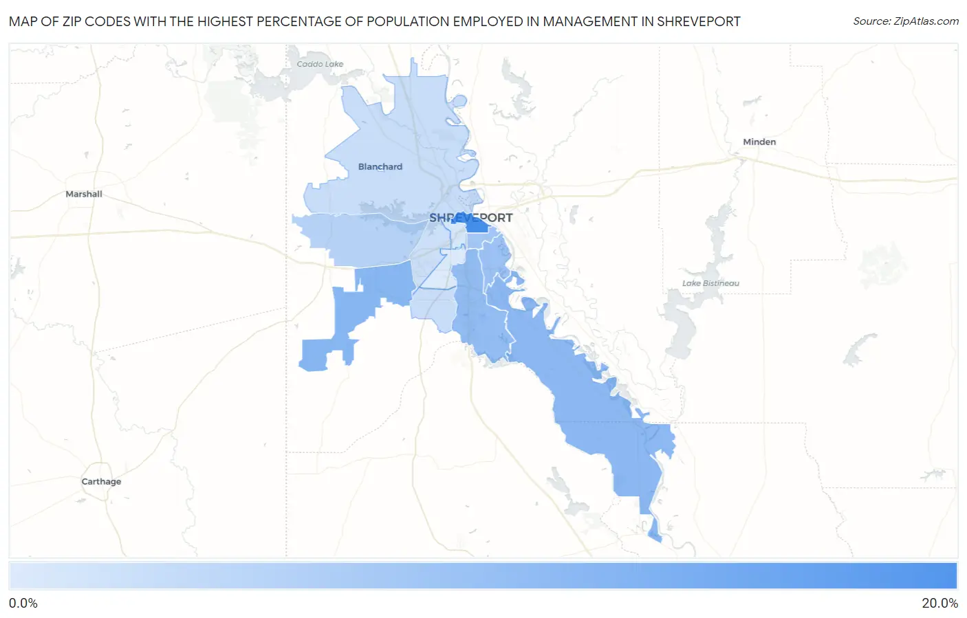 Zip Codes with the Highest Percentage of Population Employed in Management in Shreveport Map