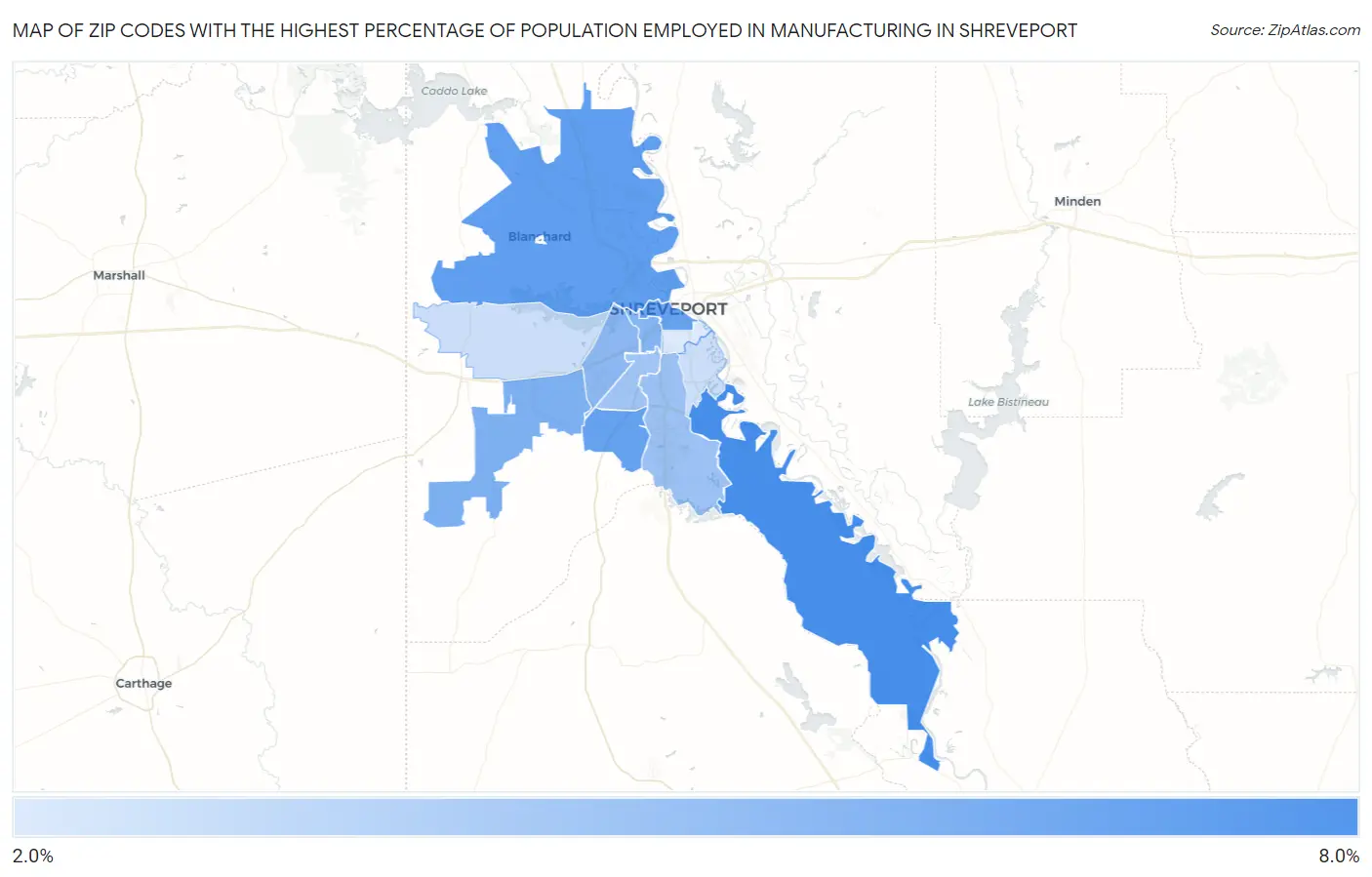 Zip Codes with the Highest Percentage of Population Employed in Manufacturing in Shreveport Map