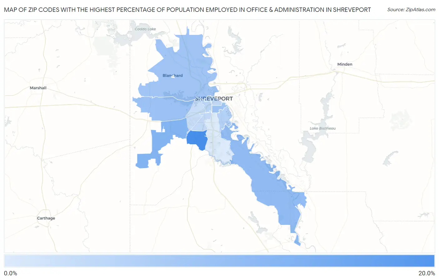 Zip Codes with the Highest Percentage of Population Employed in Office & Administration in Shreveport Map