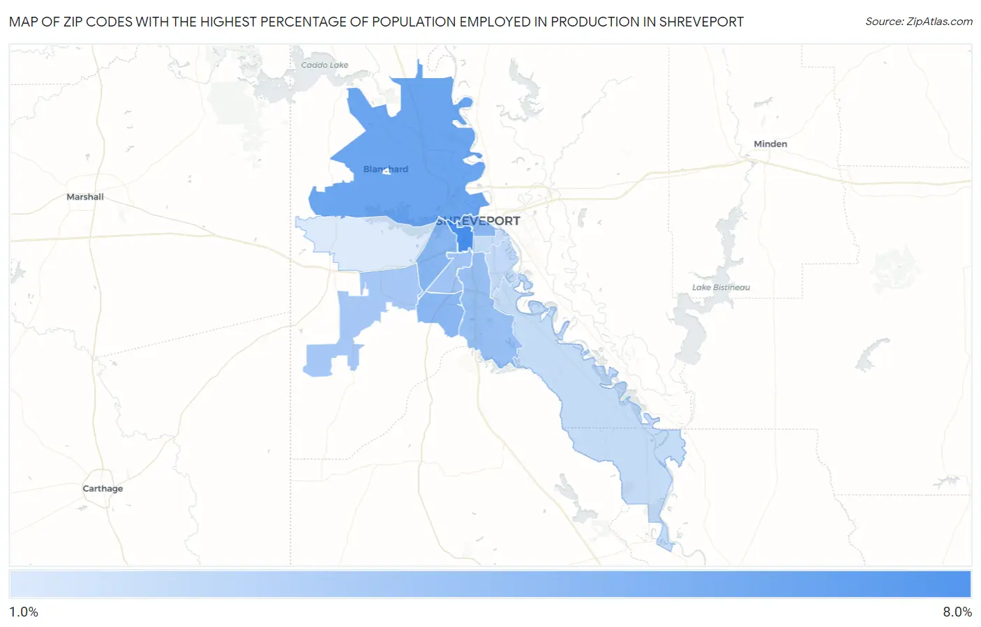 Zip Codes with the Highest Percentage of Population Employed in Production in Shreveport Map