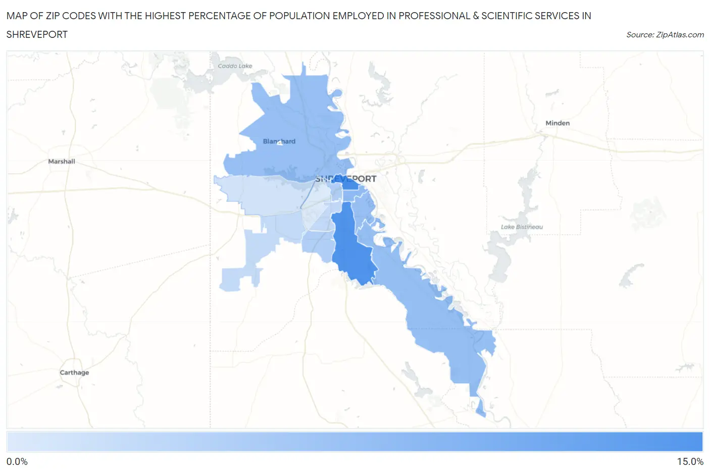 Zip Codes with the Highest Percentage of Population Employed in Professional & Scientific Services in Shreveport Map