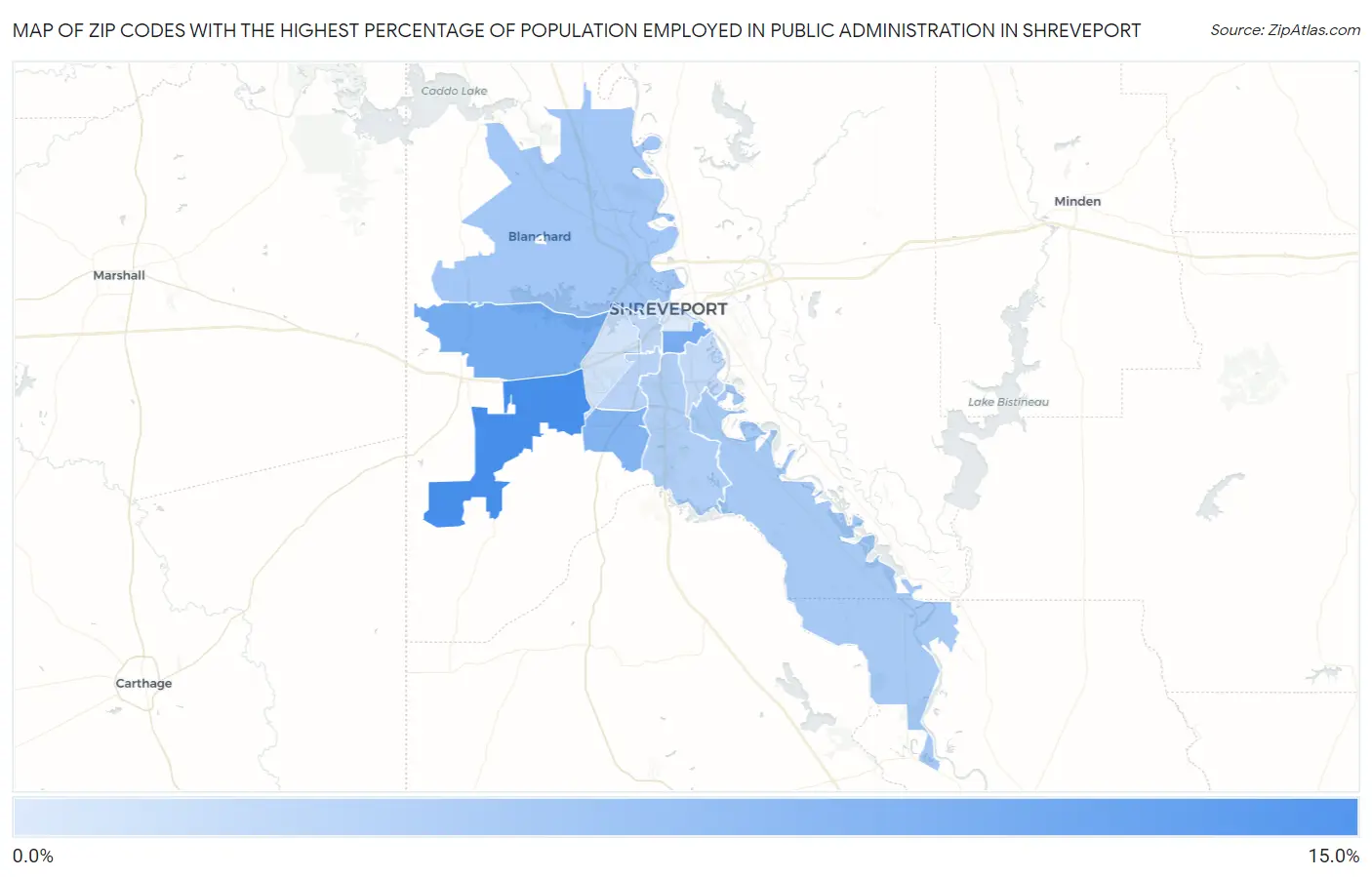 Zip Codes with the Highest Percentage of Population Employed in Public Administration in Shreveport Map