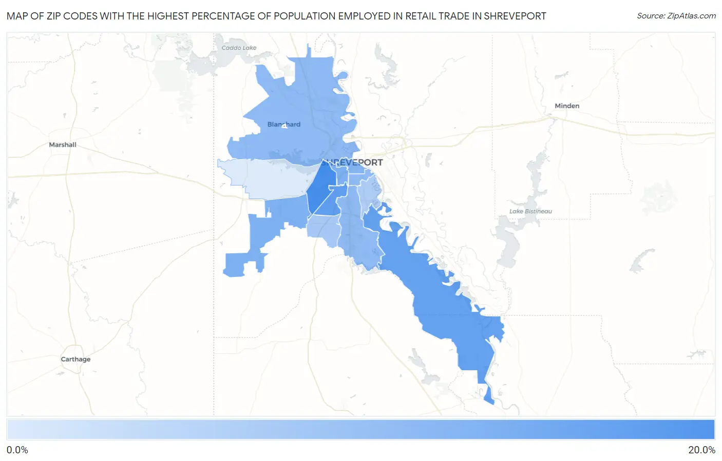 Zip Codes with the Highest Percentage of Population Employed in Retail Trade in Shreveport Map