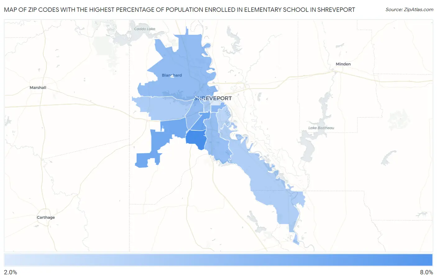 Zip Codes with the Highest Percentage of Population Enrolled in Elementary School in Shreveport Map