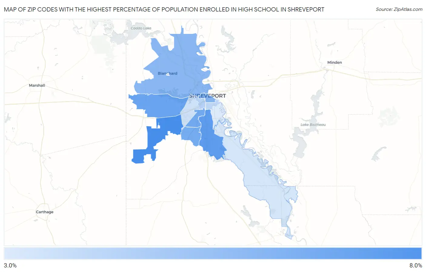 Zip Codes with the Highest Percentage of Population Enrolled in High School in Shreveport Map
