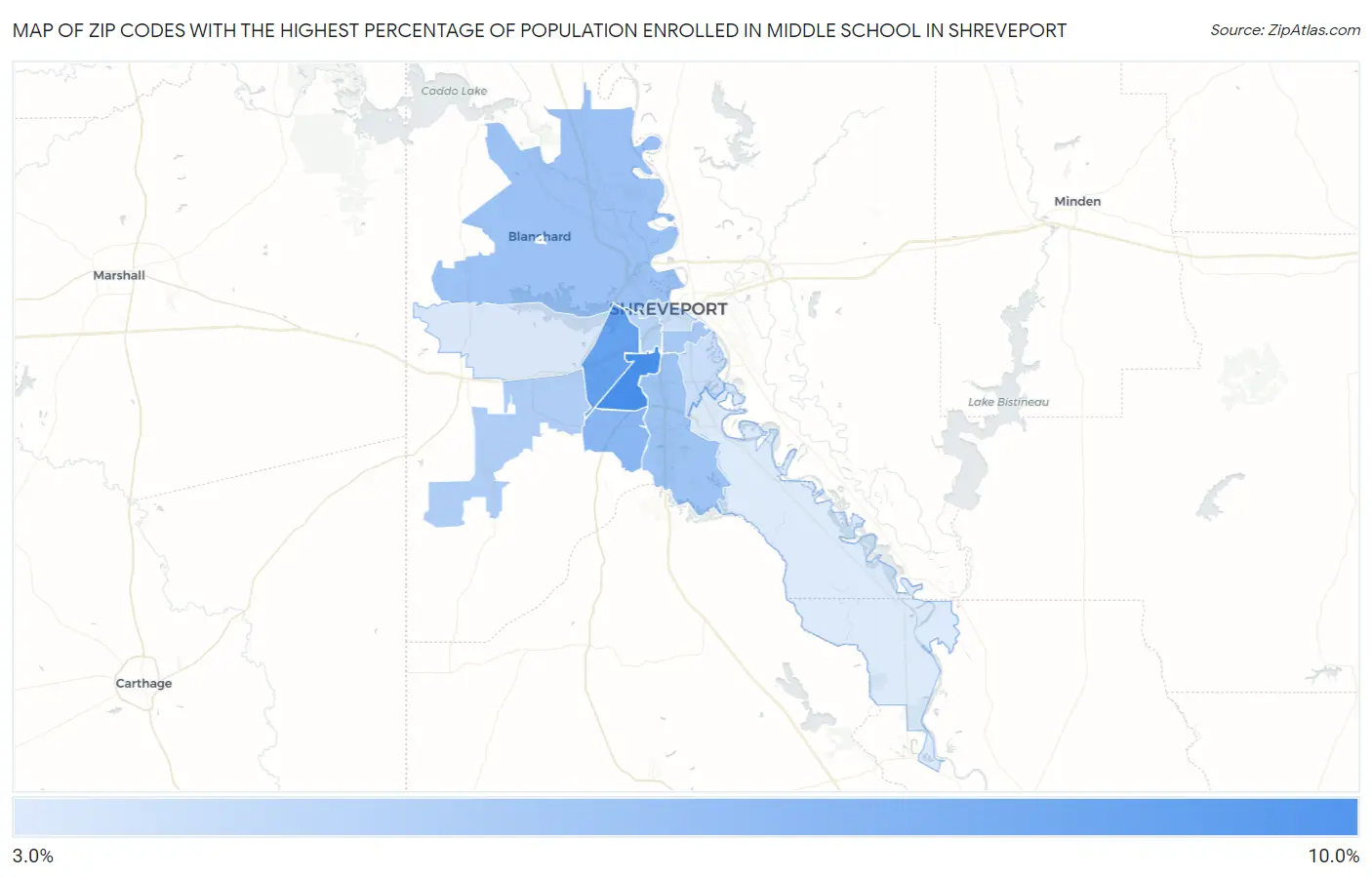 Zip Codes with the Highest Percentage of Population Enrolled in Middle School in Shreveport Map