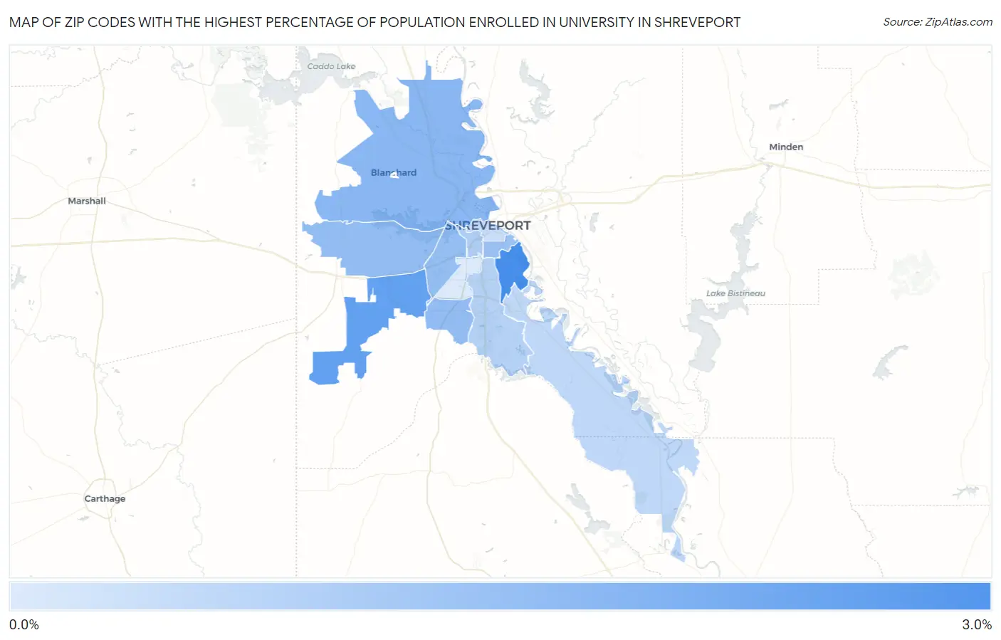Zip Codes with the Highest Percentage of Population Enrolled in University in Shreveport Map
