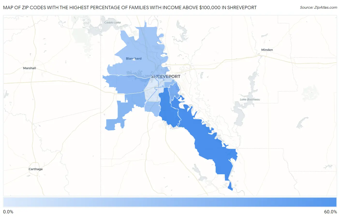 Zip Codes with the Highest Percentage of Families with Income Above $100,000 in Shreveport Map