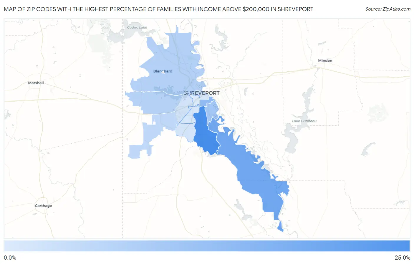 Zip Codes with the Highest Percentage of Families with Income Above $200,000 in Shreveport Map