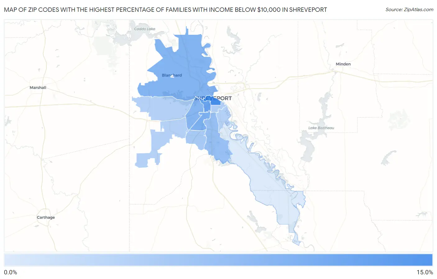 Zip Codes with the Highest Percentage of Families with Income Below $10,000 in Shreveport Map