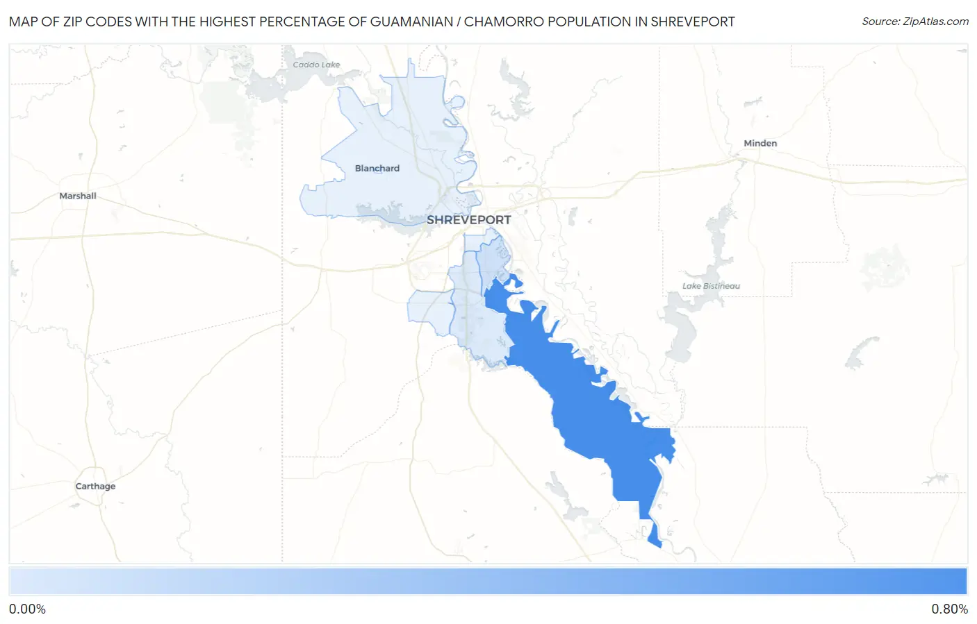 Zip Codes with the Highest Percentage of Guamanian / Chamorro Population in Shreveport Map