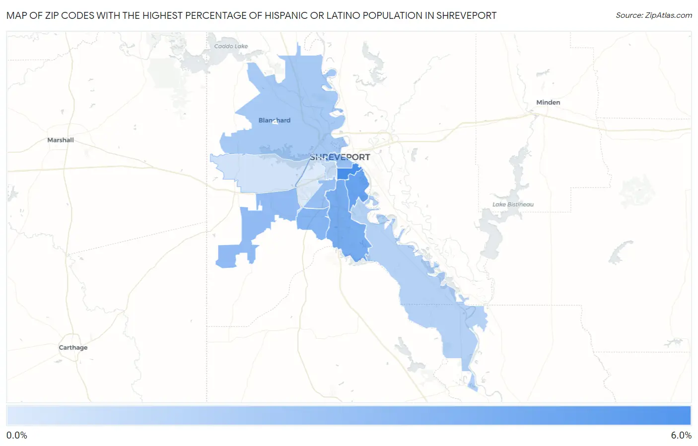 Zip Codes with the Highest Percentage of Hispanic or Latino Population in Shreveport Map