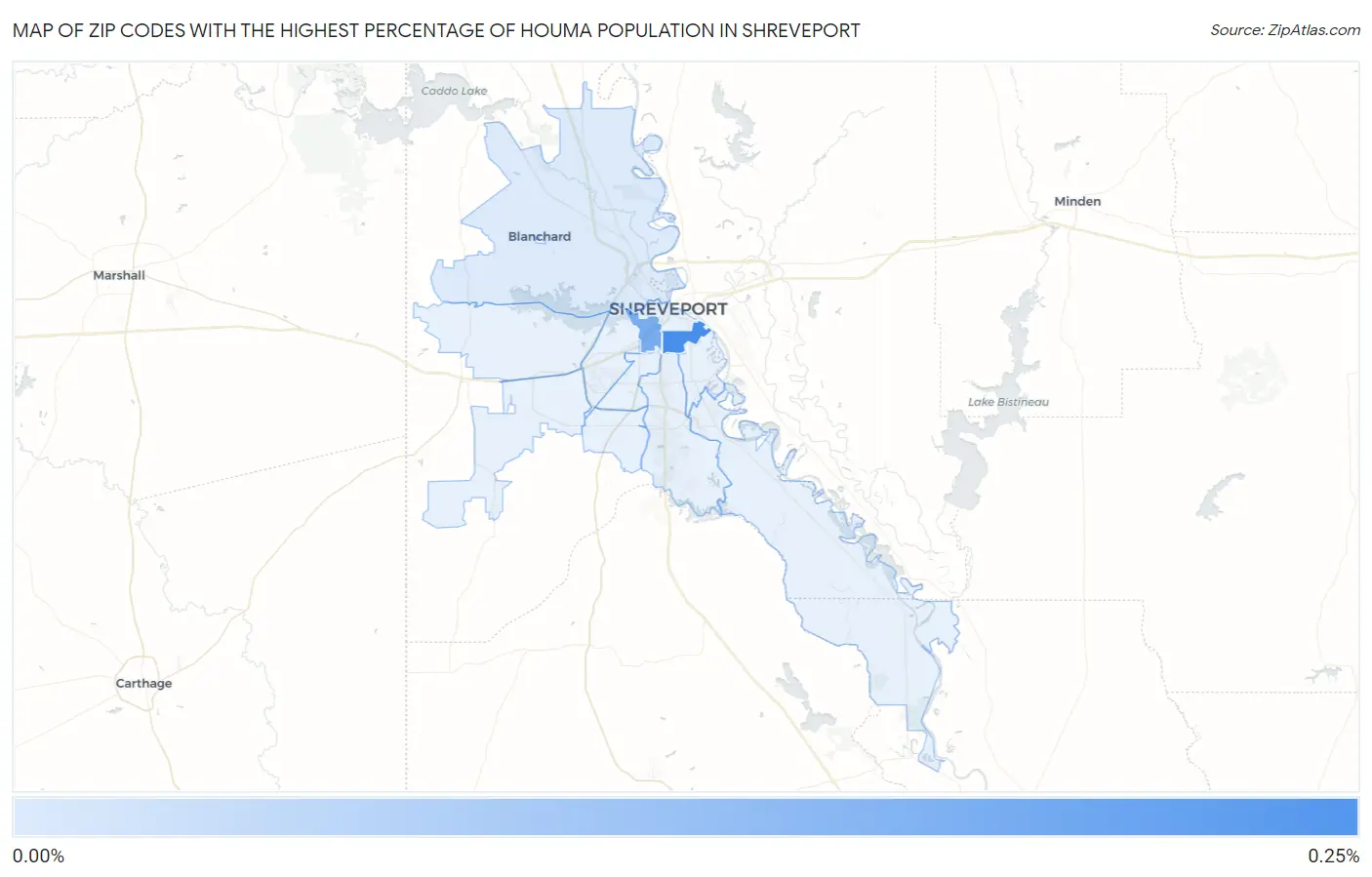 Zip Codes with the Highest Percentage of Houma Population in Shreveport Map