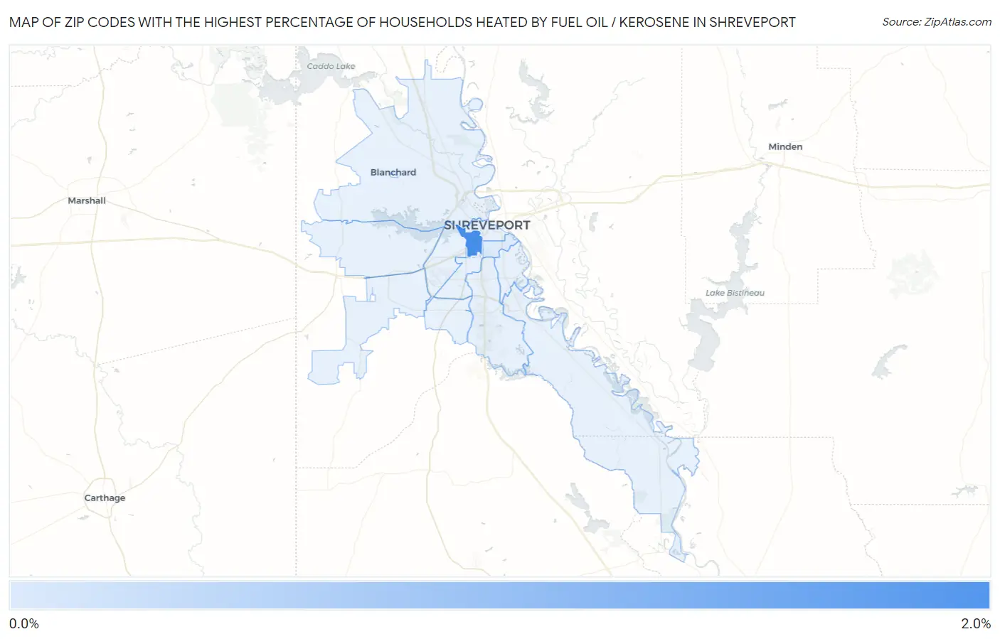 Zip Codes with the Highest Percentage of Households Heated by Fuel Oil / Kerosene in Shreveport Map