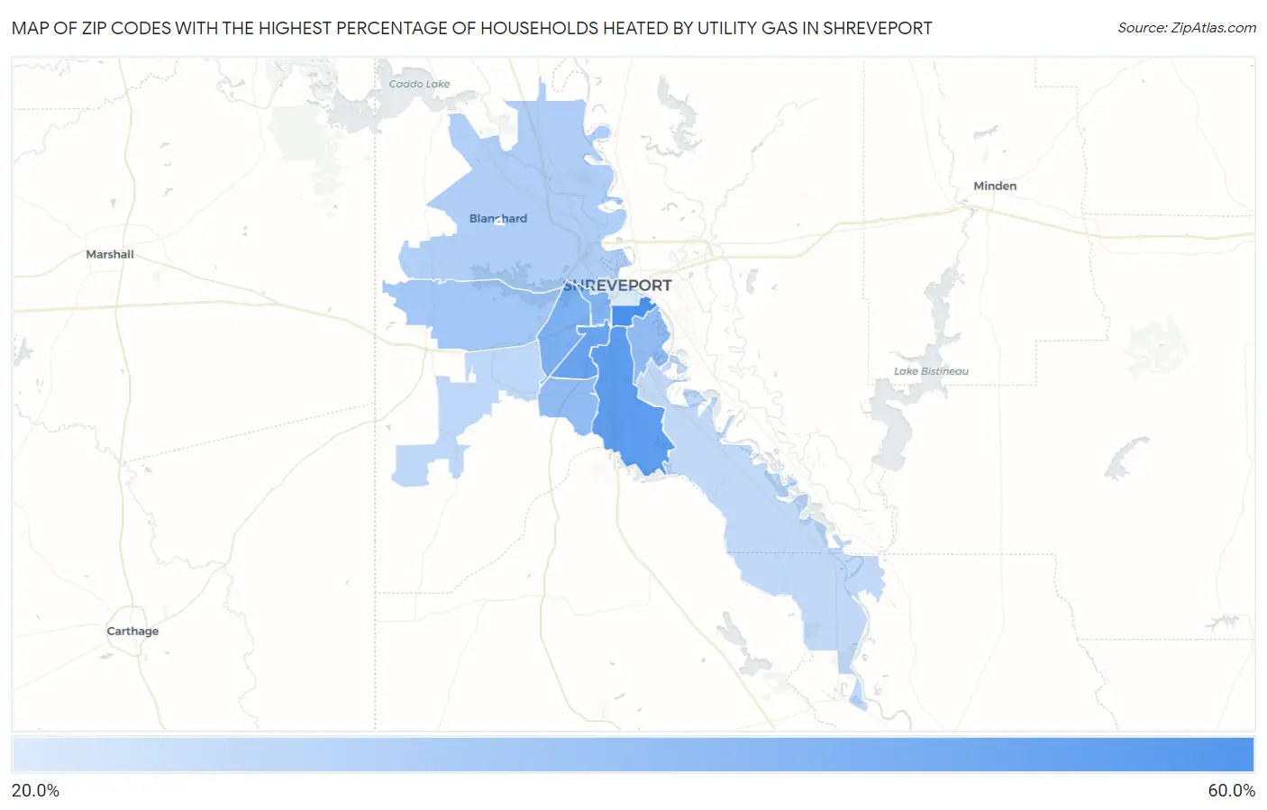 Zip Codes with the Highest Percentage of Households Heated by Utility Gas in Shreveport Map
