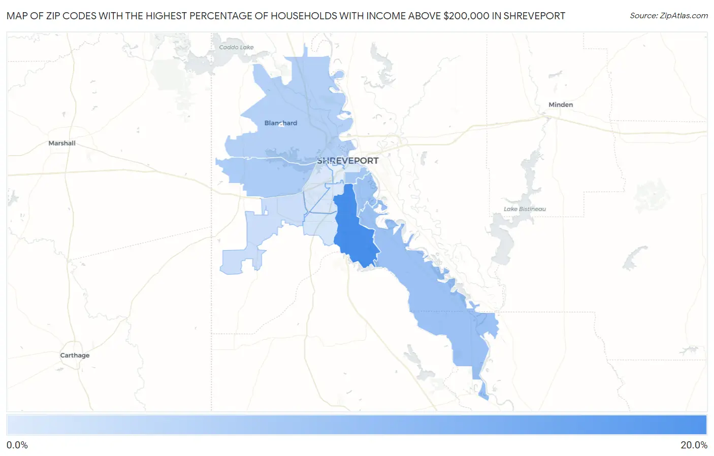 Zip Codes with the Highest Percentage of Households with Income Above $200,000 in Shreveport Map
