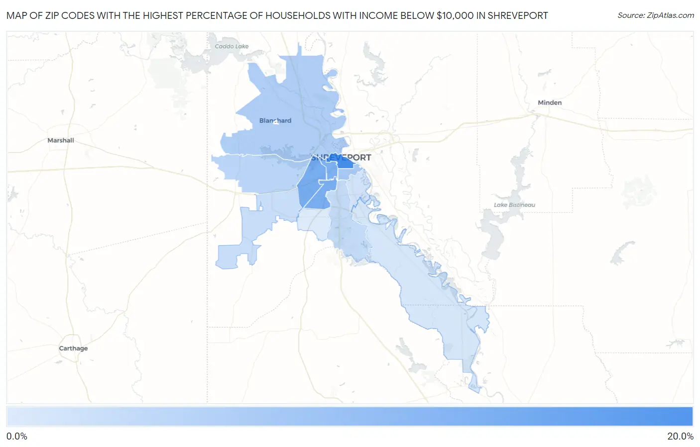 Zip Codes with the Highest Percentage of Households with Income Below $10,000 in Shreveport Map