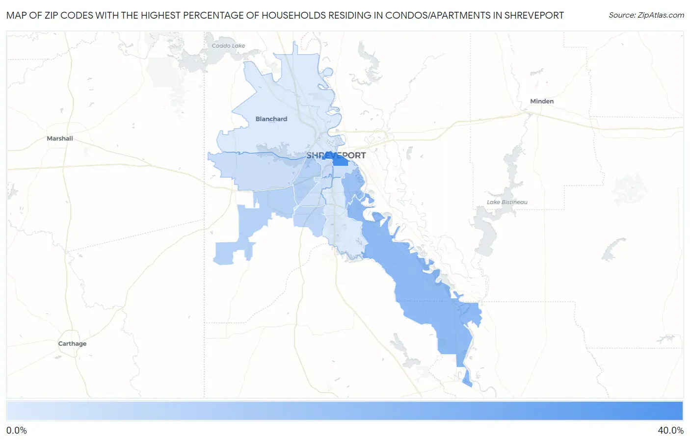Zip Codes with the Highest Percentage of Households Residing in Condos/Apartments in Shreveport Map