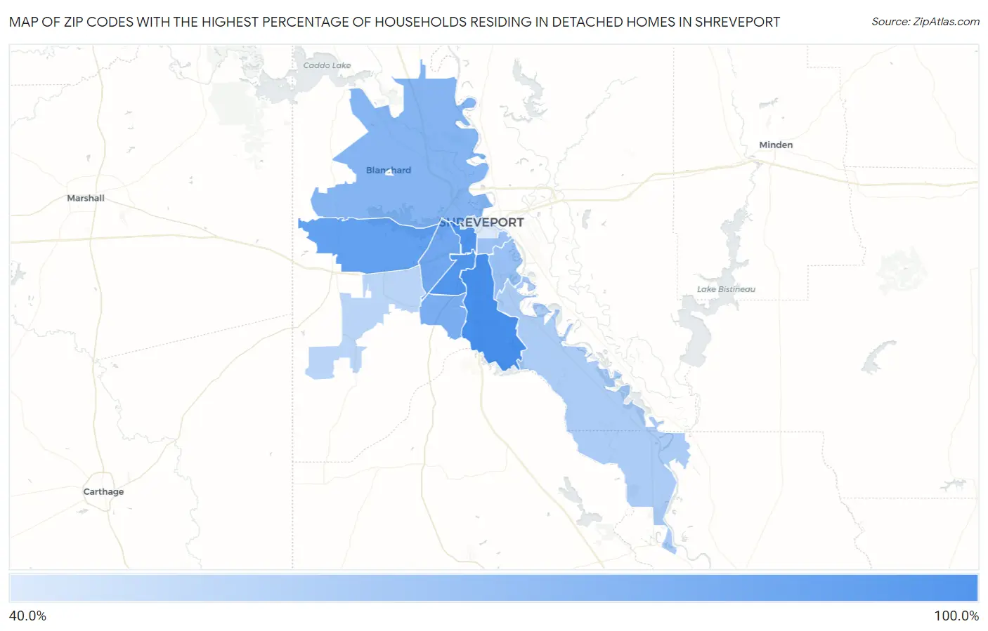 Zip Codes with the Highest Percentage of Households Residing in Detached Homes in Shreveport Map