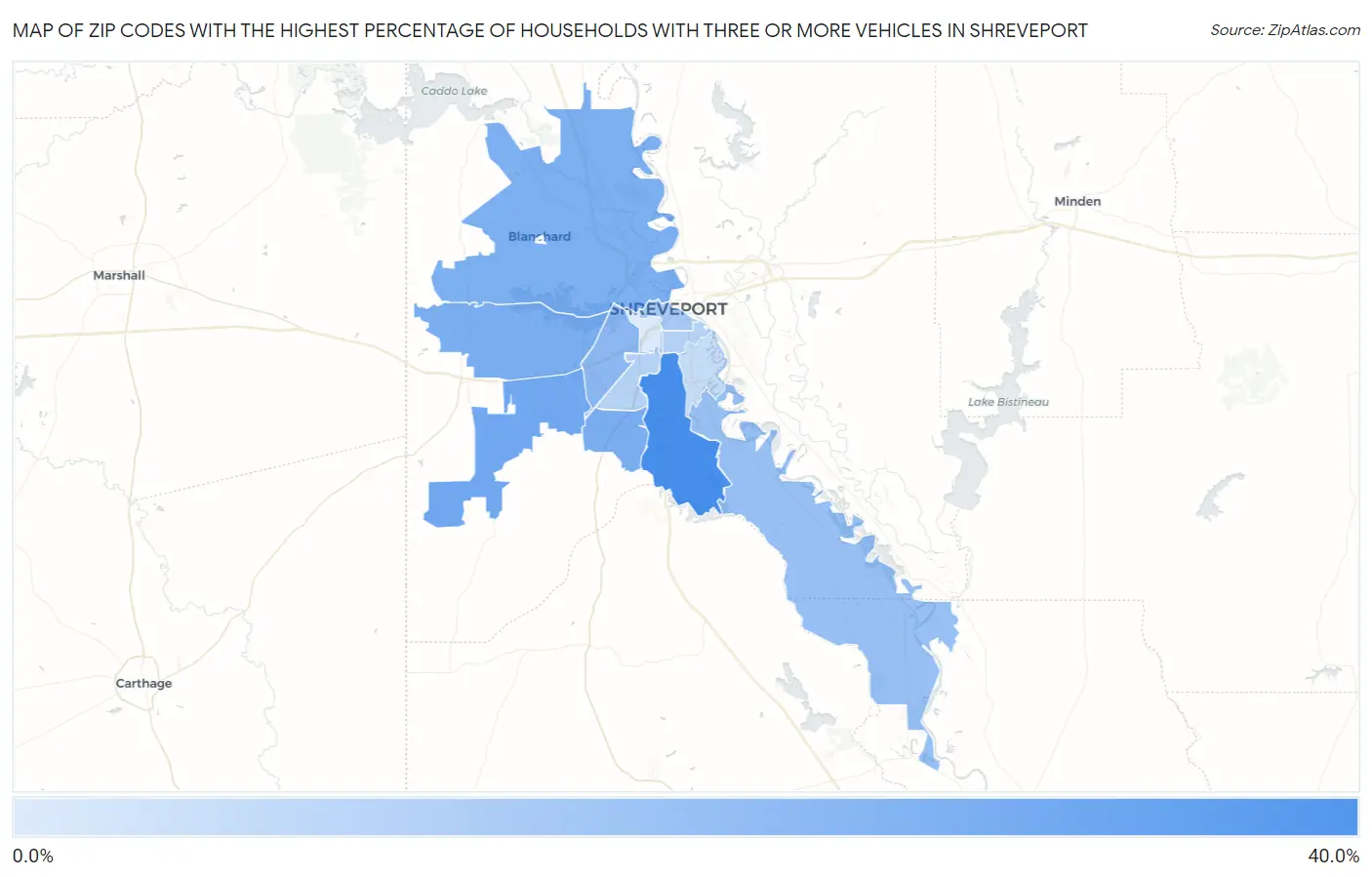 Zip Codes with the Highest Percentage of Households With Three or more Vehicles in Shreveport Map