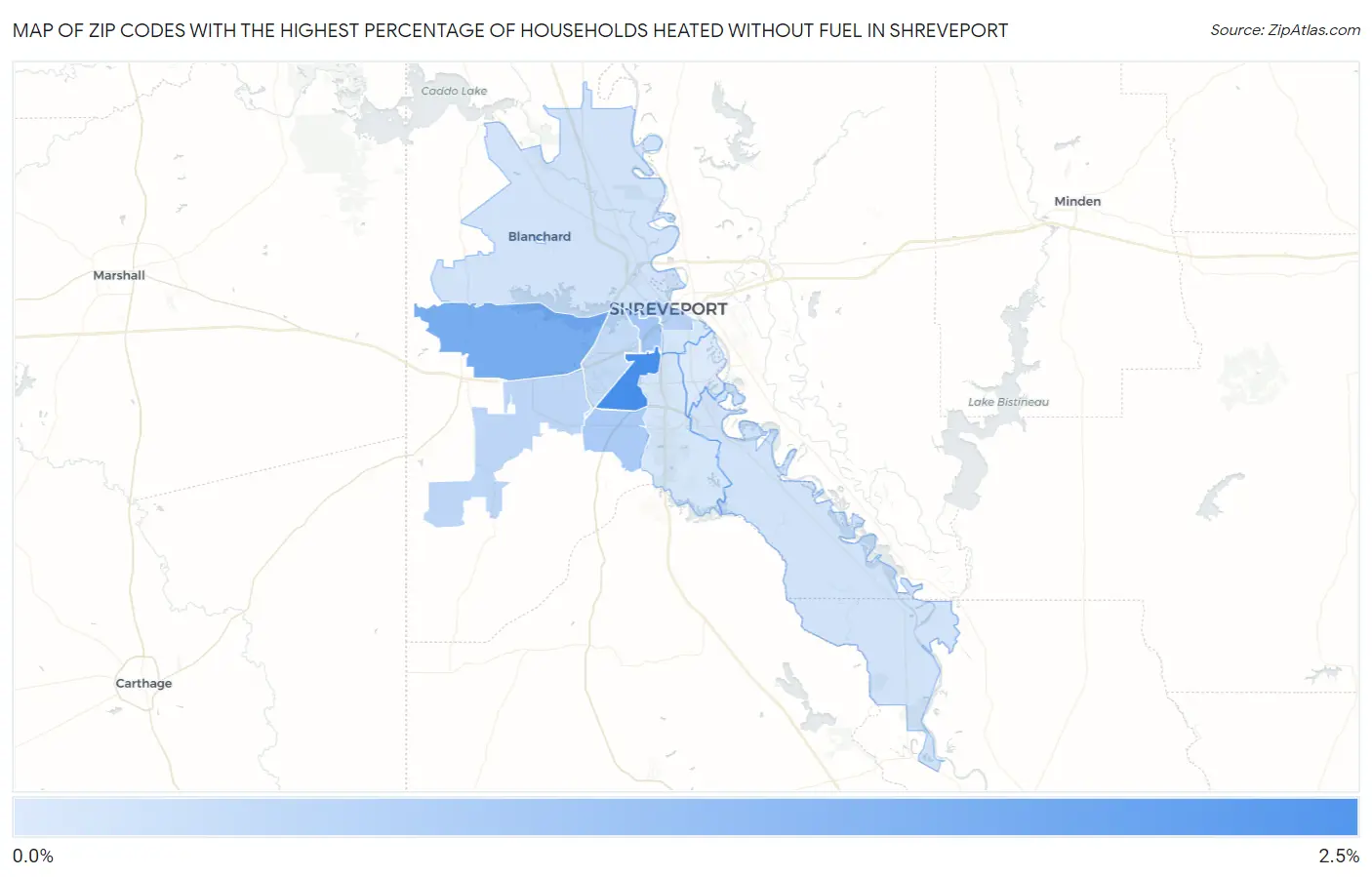 Zip Codes with the Highest Percentage of Households Heated without Fuel in Shreveport Map