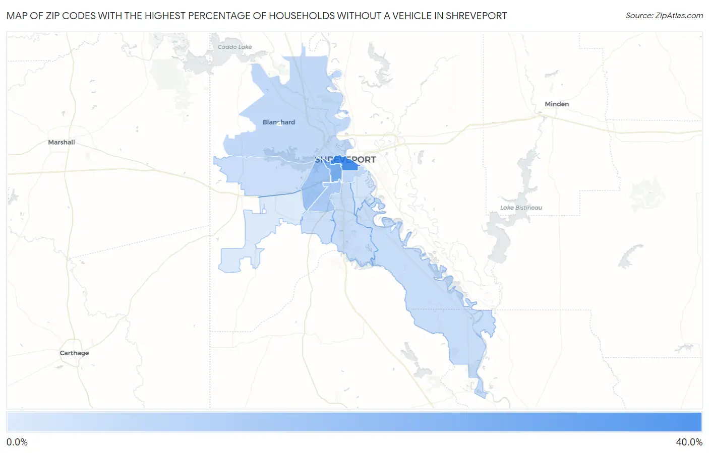 Zip Codes with the Highest Percentage of Households Without a Vehicle in Shreveport Map