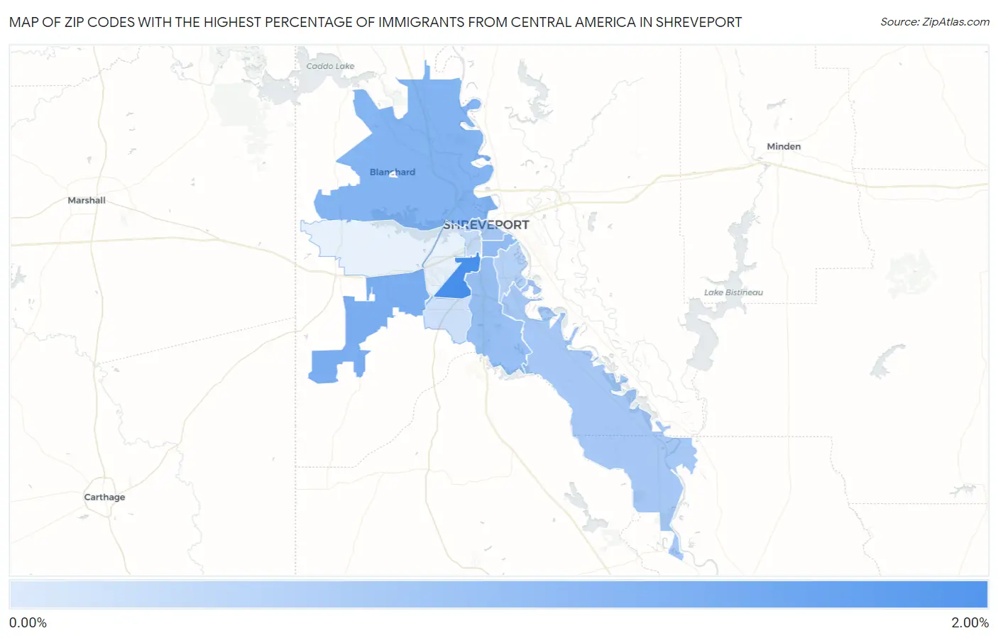 Zip Codes with the Highest Percentage of Immigrants from Central America in Shreveport Map