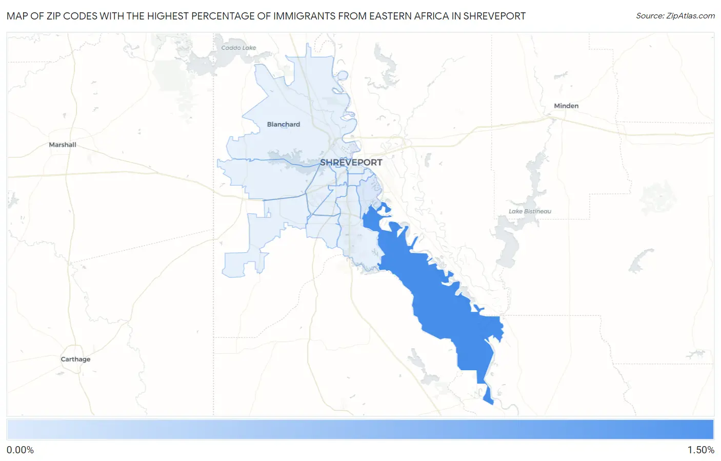 Zip Codes with the Highest Percentage of Immigrants from Eastern Africa in Shreveport Map