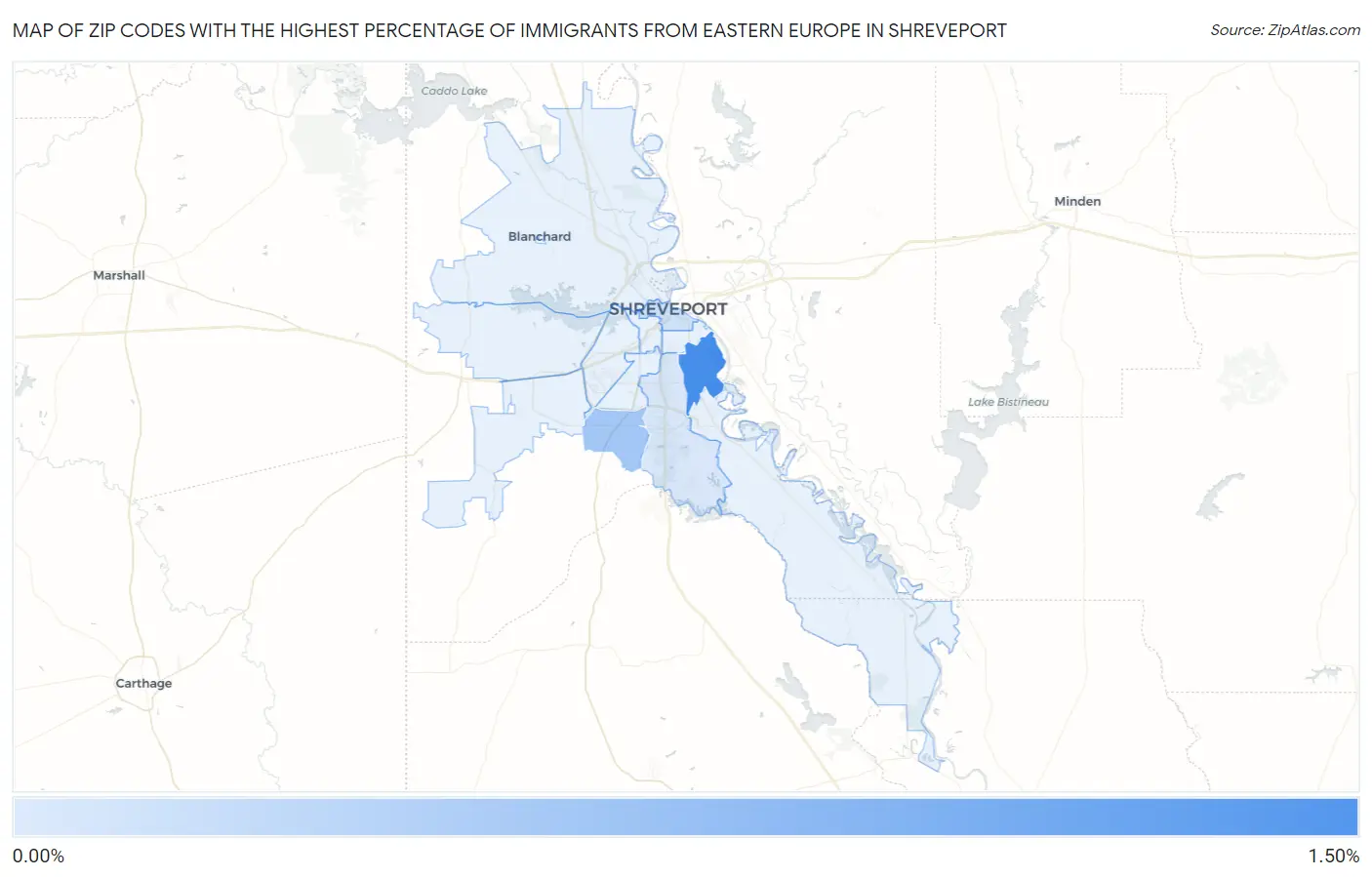 Zip Codes with the Highest Percentage of Immigrants from Eastern Europe in Shreveport Map