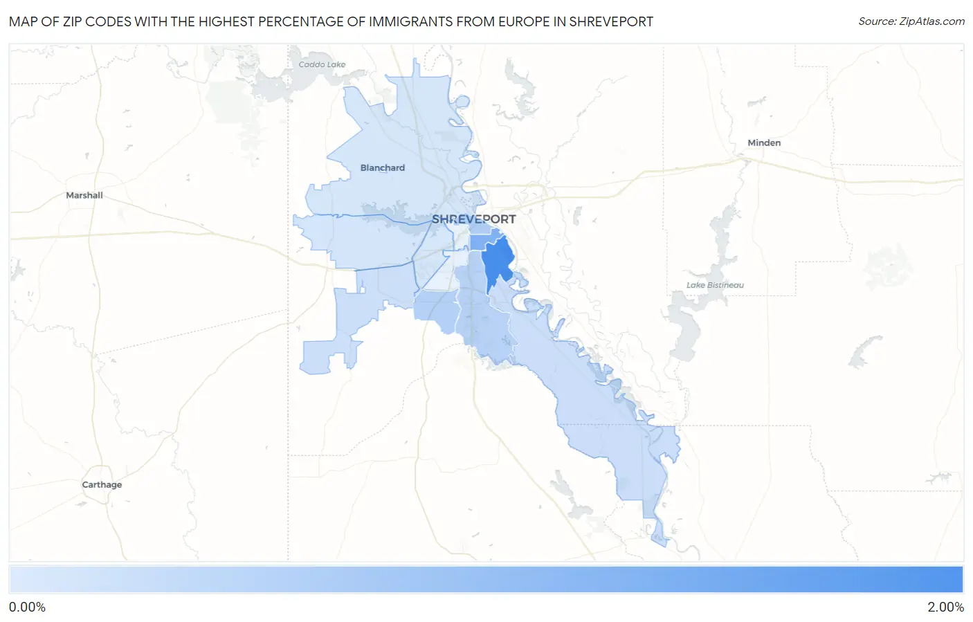 Zip Codes with the Highest Percentage of Immigrants from Europe in Shreveport Map