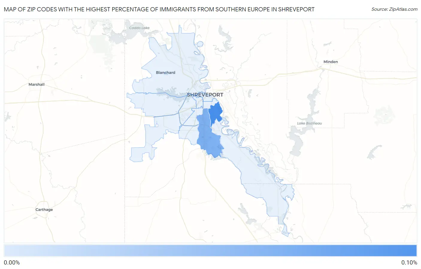 Zip Codes with the Highest Percentage of Immigrants from Southern Europe in Shreveport Map
